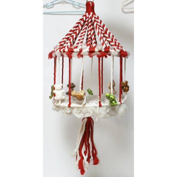 Vtg 60 Macrame Plant Holder Red/white Circus Ceramic Animal Beads Merry Go Round - Picture 2 of 8